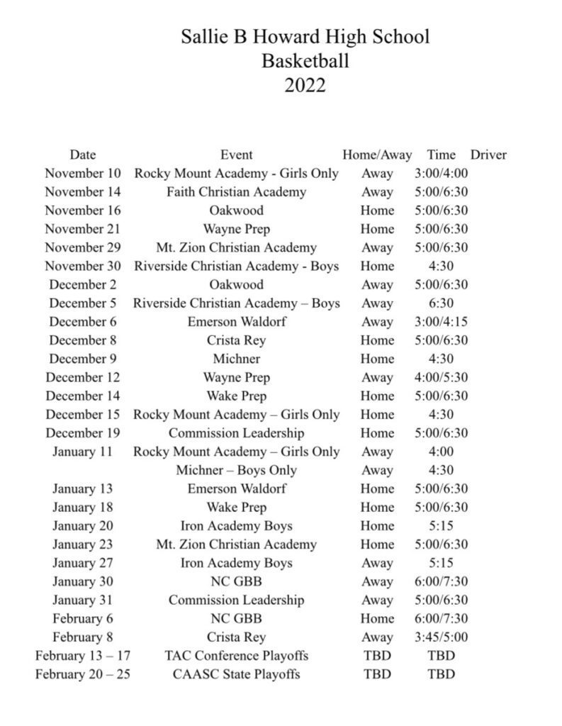 Schedule Sallie B Howard School Public Charter School Wilson, NC