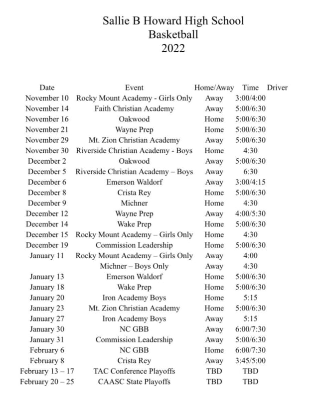 Schedule Sallie B Howard School Public Charter School Wilson, NC